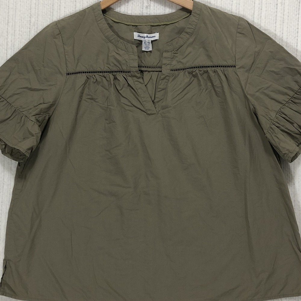 Tommy Bahama Womens XL Olive Green Cotton Ruffle Sleeve Ladder Lace Blouse Top